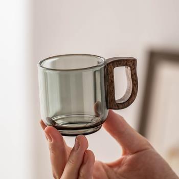胡桃木品茗杯家用辦公會客功夫茶杯防燙把杯個人專用玻璃主人茶杯