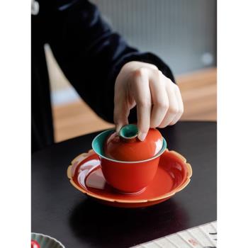 故宮紅陶瓷蓋碗單個家用泡茶碗杯帶蓋日式功夫茶具不燙手抓碗茶杯