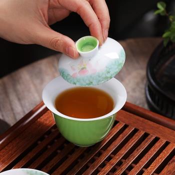 手繪二才蓋碗茶杯功夫茶具國風茶碗帶蓋輕奢中國風白瓷敬茶杯