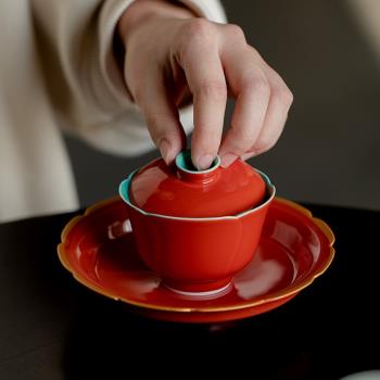 故宮紅蓋碗茶杯單個家用陶瓷葵口茶碗中式簡約不燙手泡茶功夫茶具