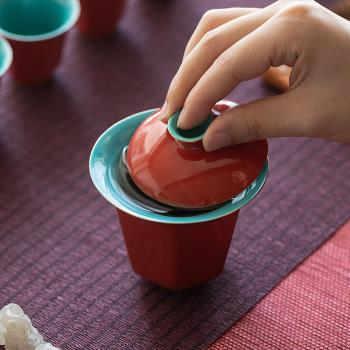 故宮紅陶瓷六方蓋碗茶杯單個家用二才茶碗帶蓋不燙手抓碗功夫茶具