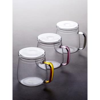 九土日式手工透明玻璃杯花茶杯帶把帶蓋泡茶杯加厚耐熱家用水杯子