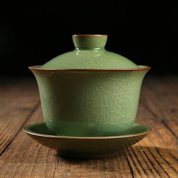 親韻哥窯青瓷蓋碗泡茶杯開片茶杯冰裂功夫茶具三才杯大號茶碗陶瓷