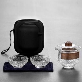 旅行茶具套裝便攜包式玻璃功夫茶具一壺二杯蓋碗快客茶杯戶外泡茶