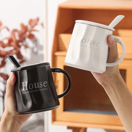 杯子帶蓋帶勺子高級感北歐風馬克杯情侶水杯女辦公室咖啡花茶杯男