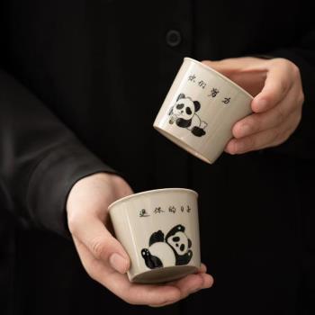 手繪熊貓茶杯創意可愛手握杯子大號簡約家用陶瓷功夫茶具品茗杯