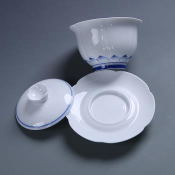 手繪蓮花青花瓷蓋碗茶杯手工復古白瓷功夫茶具泡茶碗三才大號茶碗