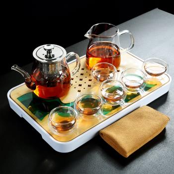 舊望格家用耐熱玻璃茶具套裝過濾茶杯竹托盤儲水茶盤整套泡茶器