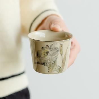 大號描白銀純手繪百合花家用室內茶杯主人杯陶瓷品茗杯人文茶器