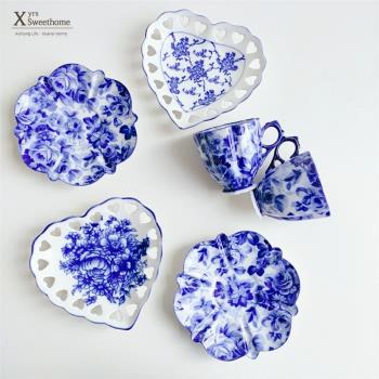 出口陶瓷小茶杯 釉下彩青花小碟子 鏤空愛心碟子 下午茶精緻裝飾