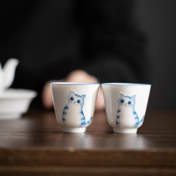簡約手繪貓咪白瓷茶杯功夫茶具品茗杯單個喝茶小杯子茶盞