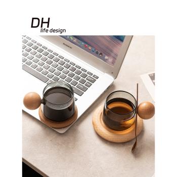 DH日式玻璃咖啡杯碟高顏值木把玻璃杯家用馬克杯高階感牛奶杯茶杯