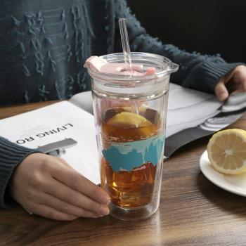 創意卡通雙層耐熱玻璃吸管杯夏季隔熱可愛水杯帶蓋男女飲料泡茶杯