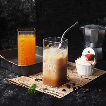 北歐玻璃杯透明四方杯印花果汁冷飲茶杯家用耐熱牛奶杯子創意水杯
