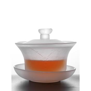 無鉛水晶玻璃磨砂款加厚茶具日式白色蓋碗錘目紋功夫茶杯茶具套裝
