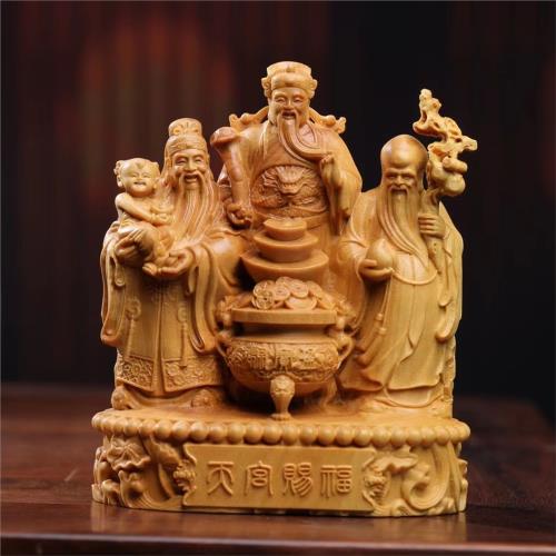 最安値級価格 正宗小葉黃楊木雕精品福祿壽三星財神爺達摩神像擺件手把件裝飾品 木工、竹工芸