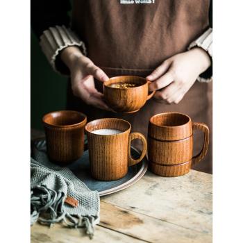 日式木製杯子復古木質喝水杯咖啡杯手柄牛奶杯辦公泡茶杯手工杯