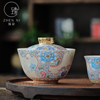掐絲銀琺瑯彩蓋碗高檔家用手抓泡茶器功夫茶具大茶碗敬茶杯禮盒裝