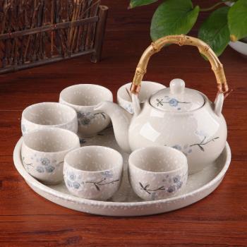 日式櫻花茶杯套裝陶瓷水壺家用茶幾一壺6杯釉下彩 茶具提梁壺套裝