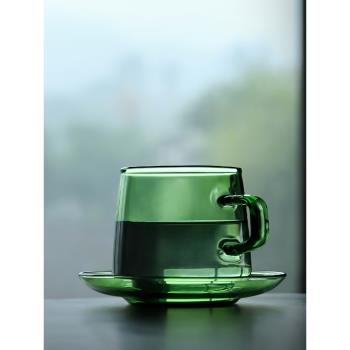 九土家用耐熱玻璃咖啡杯碟高硼硅水杯復古下午茶杯帶把手牛奶杯子