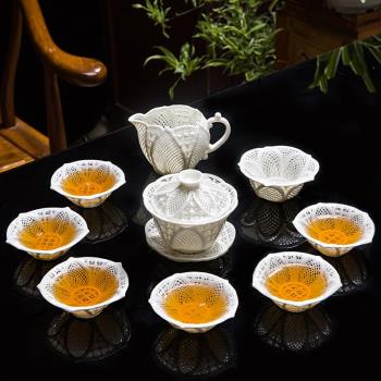 白瓷鏤空功夫茶具 純手工編制中式整套精緻陶瓷蓋碗茶杯家用
