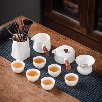 整套高檔羊脂玉瓷側把壺功夫茶具套裝白瓷蓋碗茶杯辦公會客家用