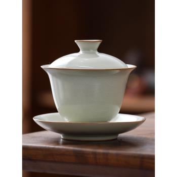 汝窯蓋碗泡茶杯功夫茶具茶碗不燙手陶瓷單個開片可養冰裂紋三才碗
