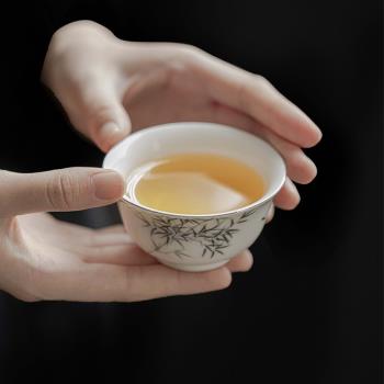 復古手繪竹子描銀釉下彩主人杯家用陶瓷品茗杯功夫茶具喝茶杯單杯