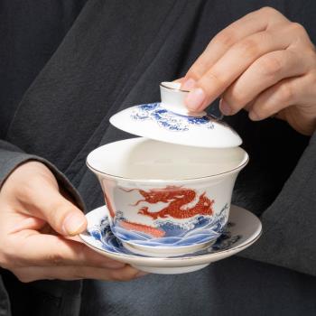 羊脂玉三才蓋碗茶杯不燙手單個泡茶碗大號功夫茶具套裝手抓壺單壺