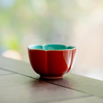 故宮紅陶瓷茶杯家用主人杯單杯大號花口喝茶杯禪意功夫茶具品茗