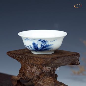 京德貴和祥青花山水帆影陶瓷品茗杯主人杯手繪景德鎮喝茶小茶杯