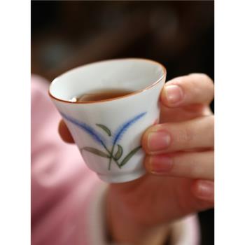 家用陶瓷手繪茶杯創意釉下彩茶盞手繪斗笠杯品茗杯敬茶杯品茶單杯