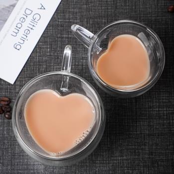 創意心形玻璃咖啡杯家用雙層隔熱果汁杯高硼矽水杯牛奶杯帶把茶杯