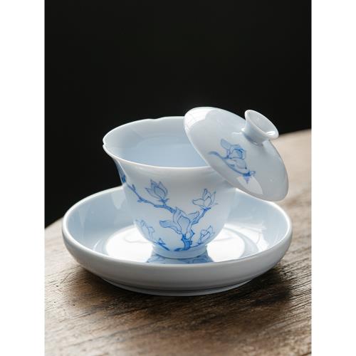 手繪景德鎮青花蓋碗茶杯單個三才白瓷懸停茶具泡茶碗羊脂玉功夫茶