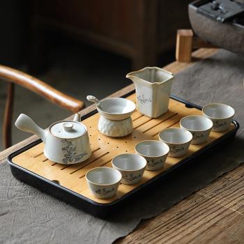 草木灰復古粗陶日式功夫茶具套裝家用簡約現代提梁壺茶杯整套干泡