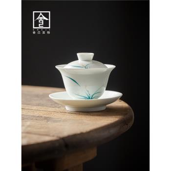 彌言釉下彩手繪蘭花三才蓋碗手工薄胎陶瓷泡茶碗茶杯日式功夫茶具