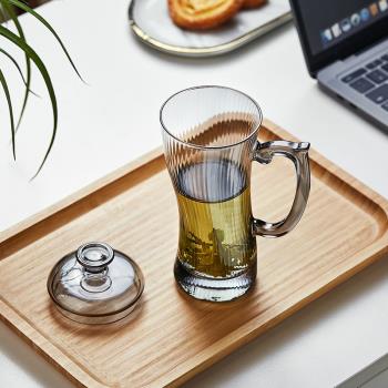 創意厚底綠茶杯條紋帶把手玻璃茶杯耐高溫帶蓋辦公室水杯家用杯子