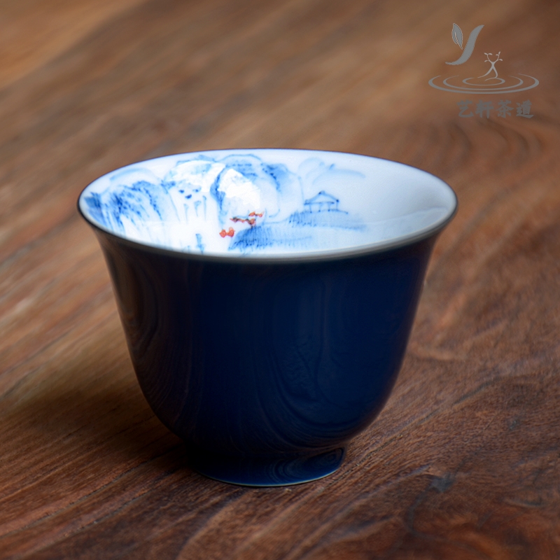 釉下彩手繪茶杯套裝霽藍功夫茶杯青花品茗杯主人杯陶瓷個人杯|茶杯