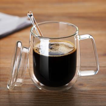 雙層隔熱咖啡杯透明耐熱玻璃杯帶把帶蓋茶杯男女辦公水杯馬克杯子