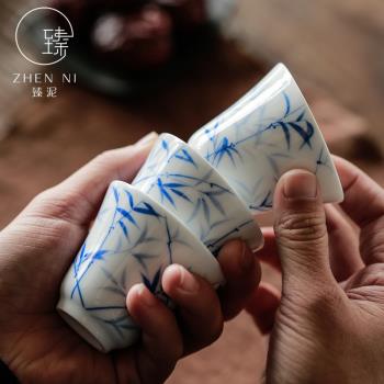 臻泥手繪竹影品茗杯手工白瓷釉下彩茶杯茶碗功夫茶具單杯主人杯子