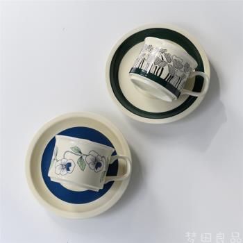 [夢田良品]中古風墨綠郁金香藍色三色堇陶瓷咖啡杯碟/下午茶杯碟