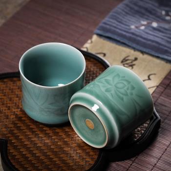 青瓷功夫茶杯主人杯單杯龍泉手工刻花陶瓷品茗杯子中式茶具家用