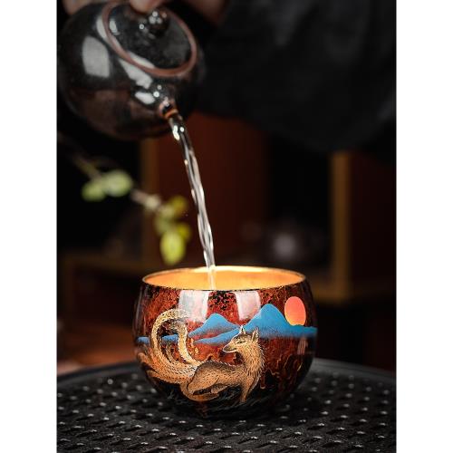 吾和漆器茶具福州大漆手工制作手繪九尾狐主人杯金油滴茶盞茶杯|茶杯
