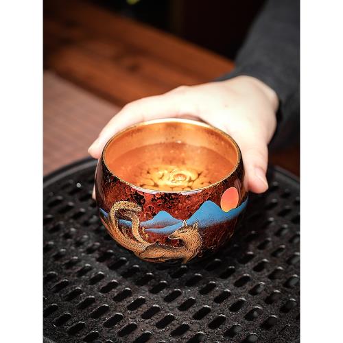 吾和漆器茶具福州大漆手工制作手繪九尾狐主人杯金油滴茶盞茶杯|茶杯