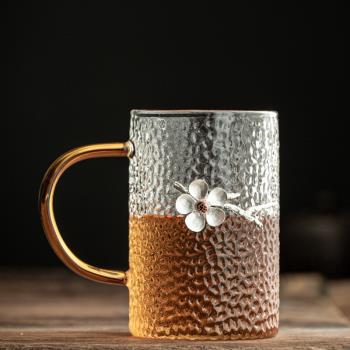 舊望格梅花錘紋玻璃大號水杯家用杯子辦公帶把果汁杯花茶杯涼水杯
