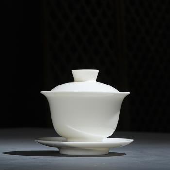德化羊脂玉白瓷不燙手三才蓋碗單個大號茶碗帶蓋功夫泡茶碗茶杯