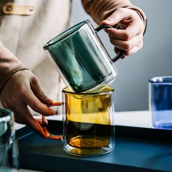 耐熱玻璃杯家用雙層防燙水杯咖啡杯泡茶杯彩色帶把喝水馬克杯子