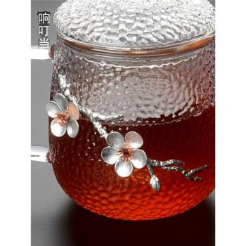 日式錘紋玻璃杯茶水分離泡茶杯女水杯家用高硼硅耐熱帶蓋杯子梅花