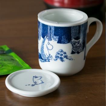 Moomin日本制姆明青花陶瓷茶隔杯馬克杯帶蓋帶過濾水杯咖啡杯茶杯