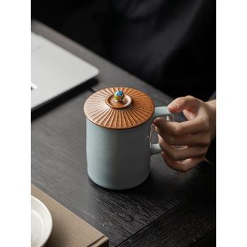 汝窯杯子帶蓋馬克杯陶瓷茶水杯個人杯辦公室老闆杯家用泡茶隨手杯